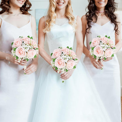 Artificial Bridesmaid Bouquets Set of 6 - 7 Inch Bridesmaid Flower Bouquet Peach Pink Rose Babys Beath Small Floral Bouquet for Wedding Holding Flowers,Bridal Shower Wedding Ceremony Anniversary