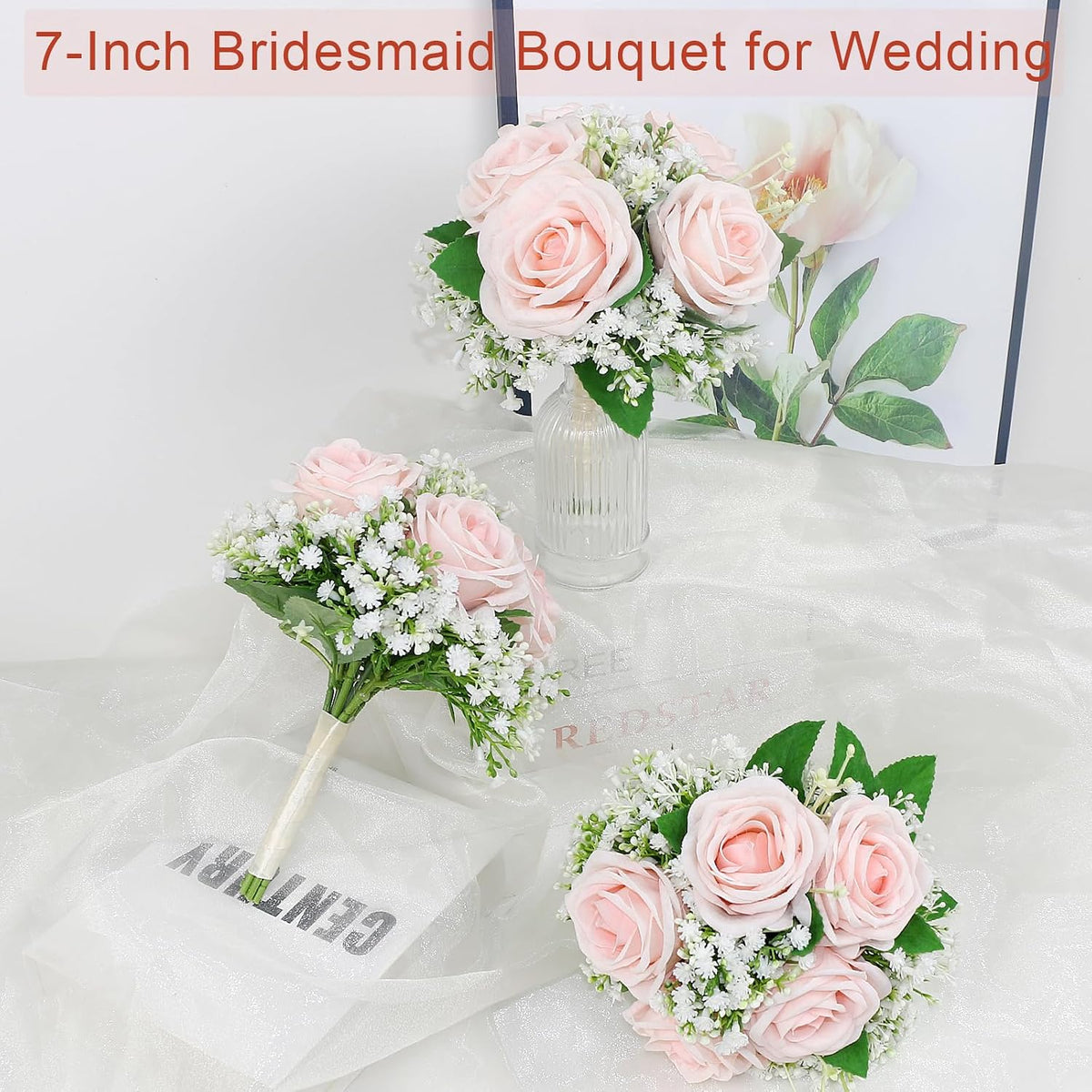 Artificial Bridesmaid Bouquets Set of 6 - 7 Inch Bridesmaid Flower Bouquet Peach Pink Rose Babys Beath Small Floral Bouquet for Wedding Holding Flowers,Bridal Shower Wedding Ceremony Anniversary
