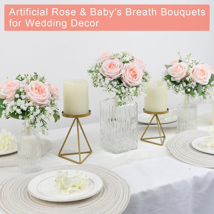 Artificial Bridesmaid Bouquets Set of 6 - 7 Inch Bridesmaid Flower Bouquet Peach Pink Rose Babys Beath Small Floral Bouquet for Wedding Holding Flowers,Bridal Shower Wedding Ceremony Anniversary