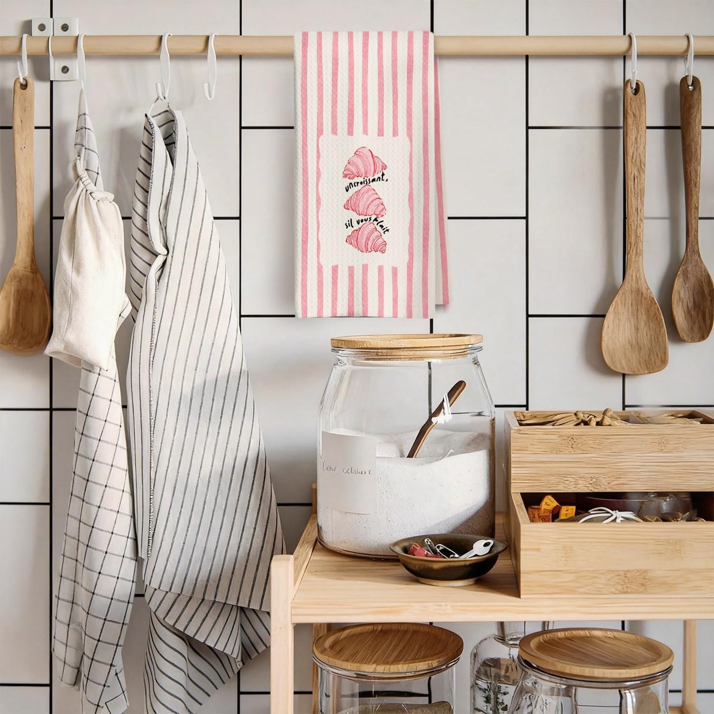 Trendy Pink Striped Croissant Kitchen Towels, Croissant Gifts Dish Tea Towels, Bread Bakers Baking Lovers Gifts Decorative Hand Towel for Kitchen Bakery, 16x24 Inch