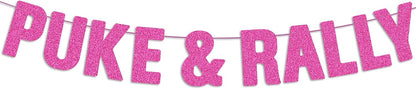 Pre-strung Puke & Rally Hot Pink Glitter Banner, Funny Bachelorette and Bachelor Decorations for Women, Happy 21st, 25th, 30th Birthday Party Decor, Halloween, New Year's Eve Party