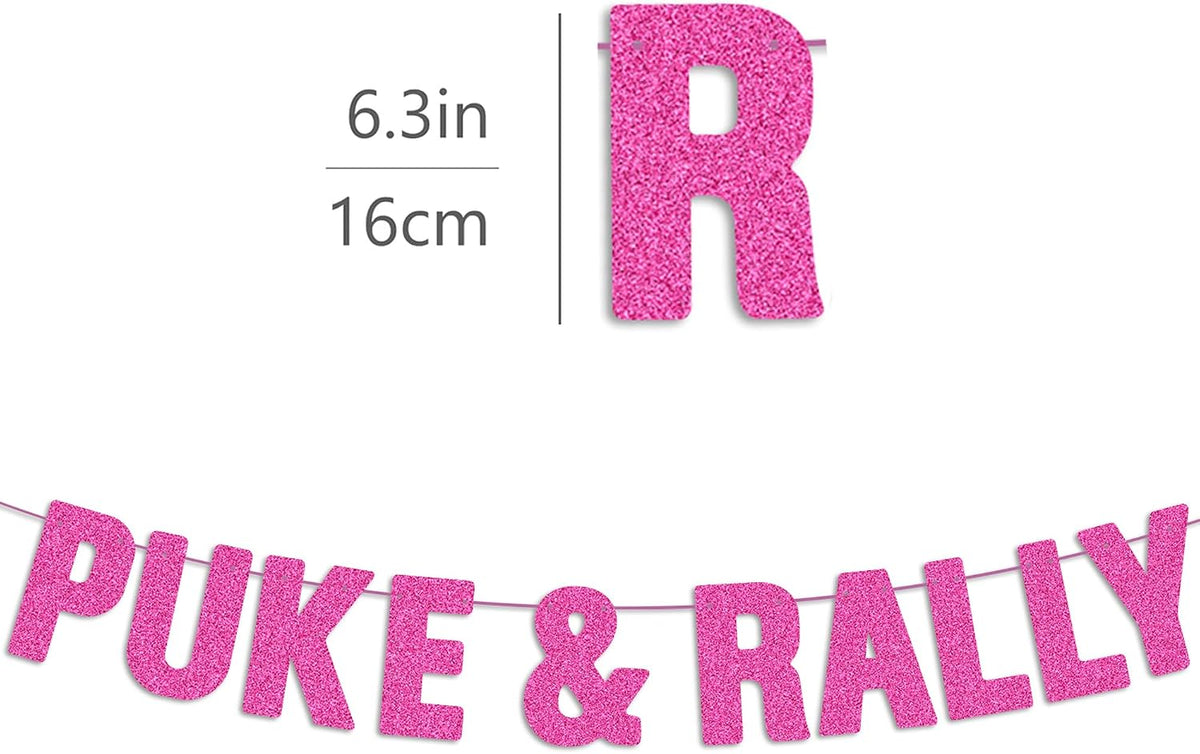 Pre-strung Puke & Rally Hot Pink Glitter Banner, Funny Bachelorette and Bachelor Decorations for Women, Happy 21st, 25th, 30th Birthday Party Decor, Halloween, New Year's Eve Party