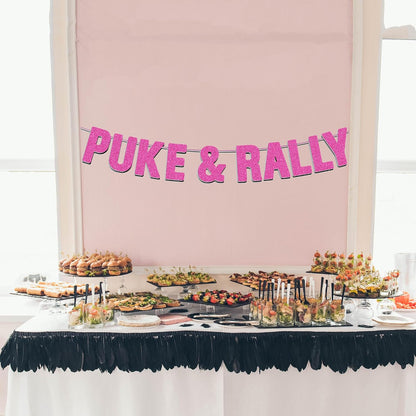 Pre-strung Puke & Rally Hot Pink Glitter Banner, Funny Bachelorette and Bachelor Decorations for Women, Happy 21st, 25th, 30th Birthday Party Decor, Halloween, New Year's Eve Party
