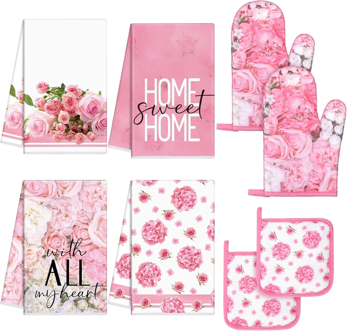 8 Pcs Pink Rose Kitchen Towels and Dishcloths Sets Oven Mitts and Pot Holders Sets Absorbent Kitchen Gloves Potholders Heat Resistant for Chef Baking Cooking