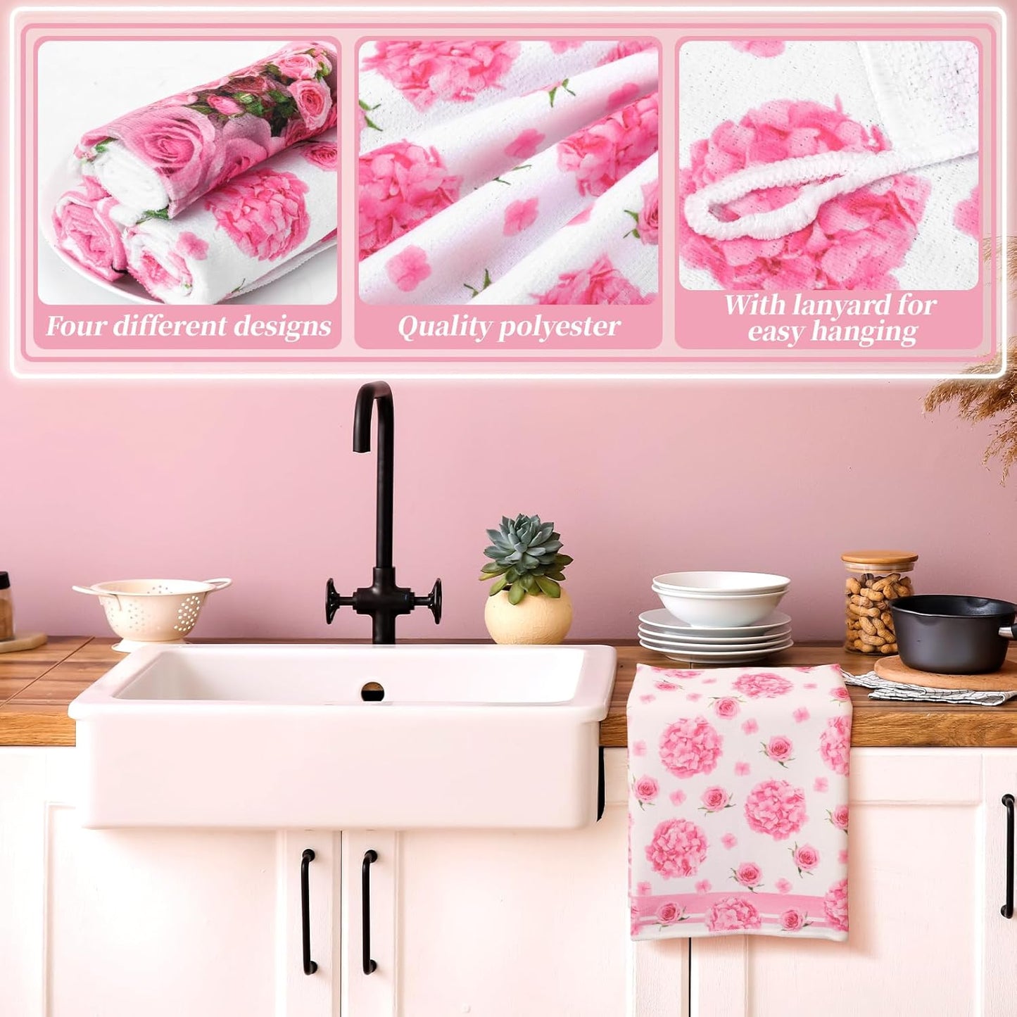 8 Pcs Pink Rose Kitchen Towels and Dishcloths Sets Oven Mitts and Pot Holders Sets Absorbent Kitchen Gloves Potholders Heat Resistant for Chef Baking Cooking