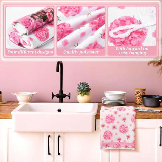 8 Pcs Pink Rose Kitchen Towels and Dishcloths Sets Oven Mitts and Pot Holders Sets Absorbent Kitchen Gloves Potholders Heat Resistant for Chef Baking Cooking
