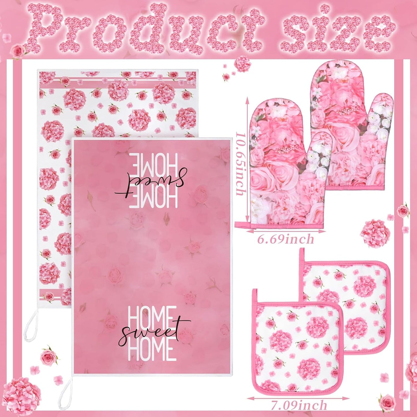 8 Pcs Pink Rose Kitchen Towels and Dishcloths Sets Oven Mitts and Pot Holders Sets Absorbent Kitchen Gloves Potholders Heat Resistant for Chef Baking Cooking