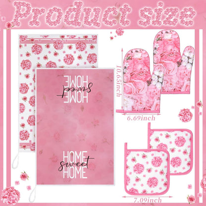 8 Pcs Pink Rose Kitchen Towels and Dishcloths Sets Oven Mitts and Pot Holders Sets Absorbent Kitchen Gloves Potholders Heat Resistant for Chef Baking Cooking