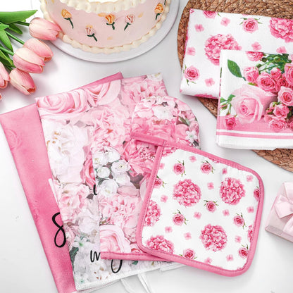 8 Pcs Pink Rose Kitchen Towels and Dishcloths Sets Oven Mitts and Pot Holders Sets Absorbent Kitchen Gloves Potholders Heat Resistant for Chef Baking Cooking