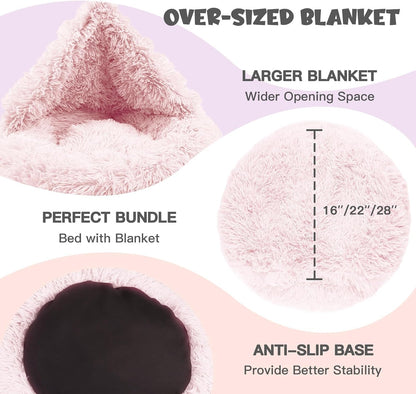 Himax 20in Covered Small Dog Bed with Blanket Attached Calming Burrow Pink