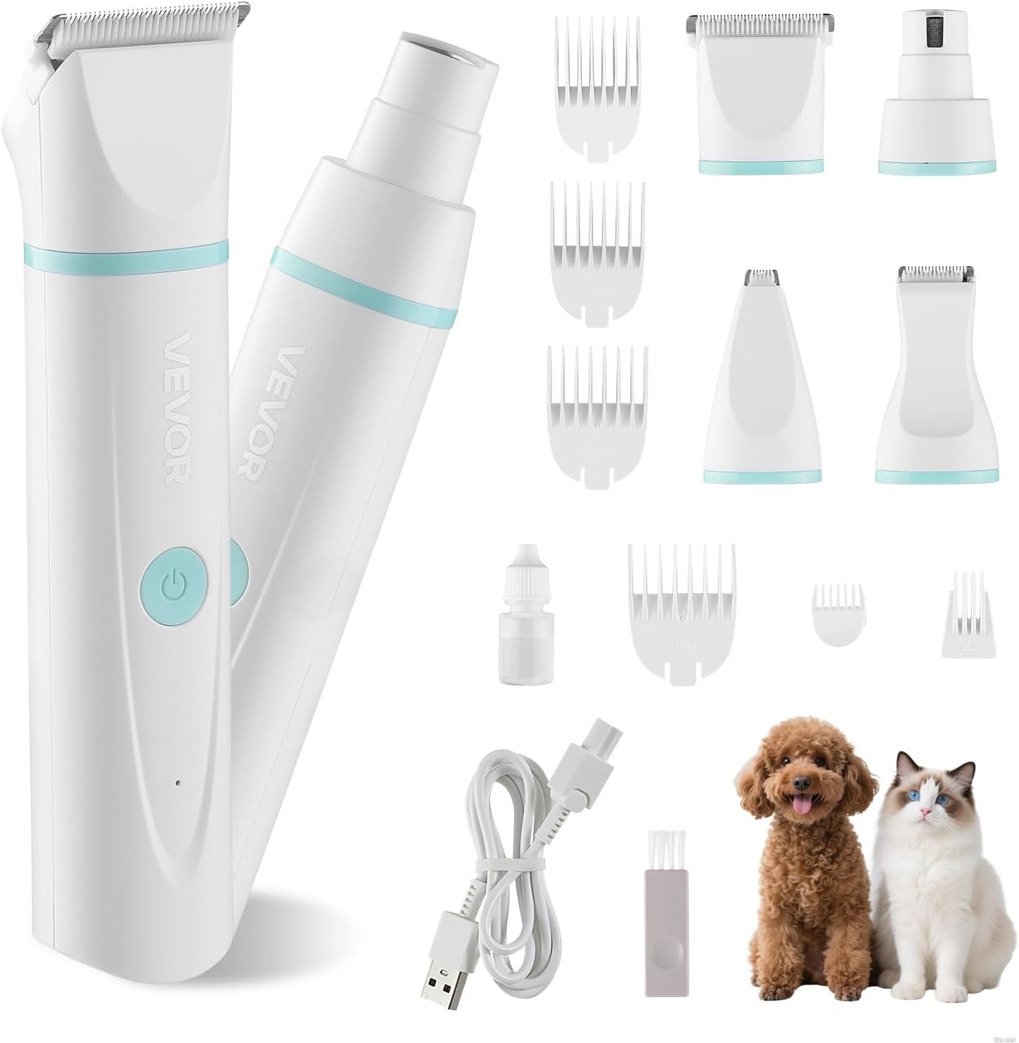 VEVOR Dog Clippers for Grooming, 4 in 1 Dog Grooming Kit, Low Noise, Rechargeable Pet Shaver with 6 Combs & 4 Detachable Blades, Waterproof Cordless Pet Hair Trimmers Nail Grinder Set for Dogs Cats