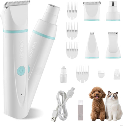VEVOR Dog Clippers for Grooming, 4 in 1 Dog Grooming Kit, Low Noise, Rechargeable Pet Shaver with 6 Combs & 4 Detachable Blades, Waterproof Cordless Pet Hair Trimmers Nail Grinder Set for Dogs Cats