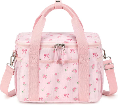Insulated Lunch Box for Women, Cute Corduroy Lunch Bag with Shoulder Strap, Leakproof Wide-Open Lunch Tote for Work, Office, School, Picnic Bow-Floral Pink-1
