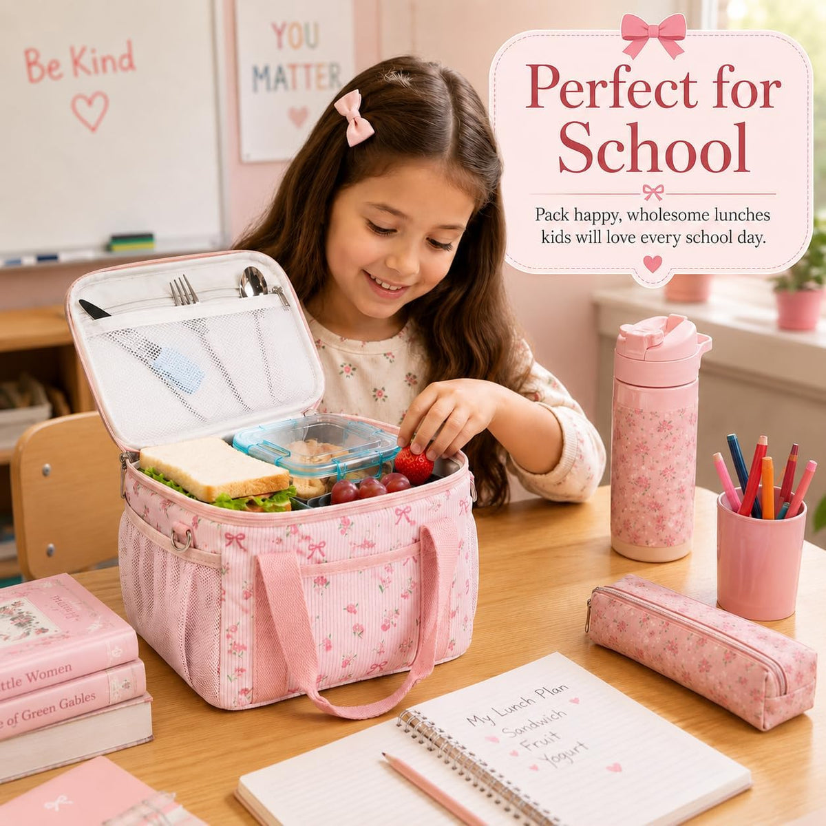 Insulated Lunch Box for Women, Cute Corduroy Lunch Bag with Shoulder Strap, Leakproof Wide-Open Lunch Tote for Work, Office, School, Picnic Bow-Floral Pink-1