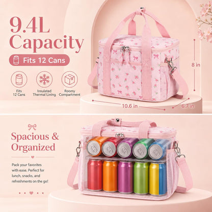 Insulated Lunch Box for Women, Cute Corduroy Lunch Bag with Shoulder Strap, Leakproof Wide-Open Lunch Tote for Work, Office, School, Picnic Bow-Floral Pink-1