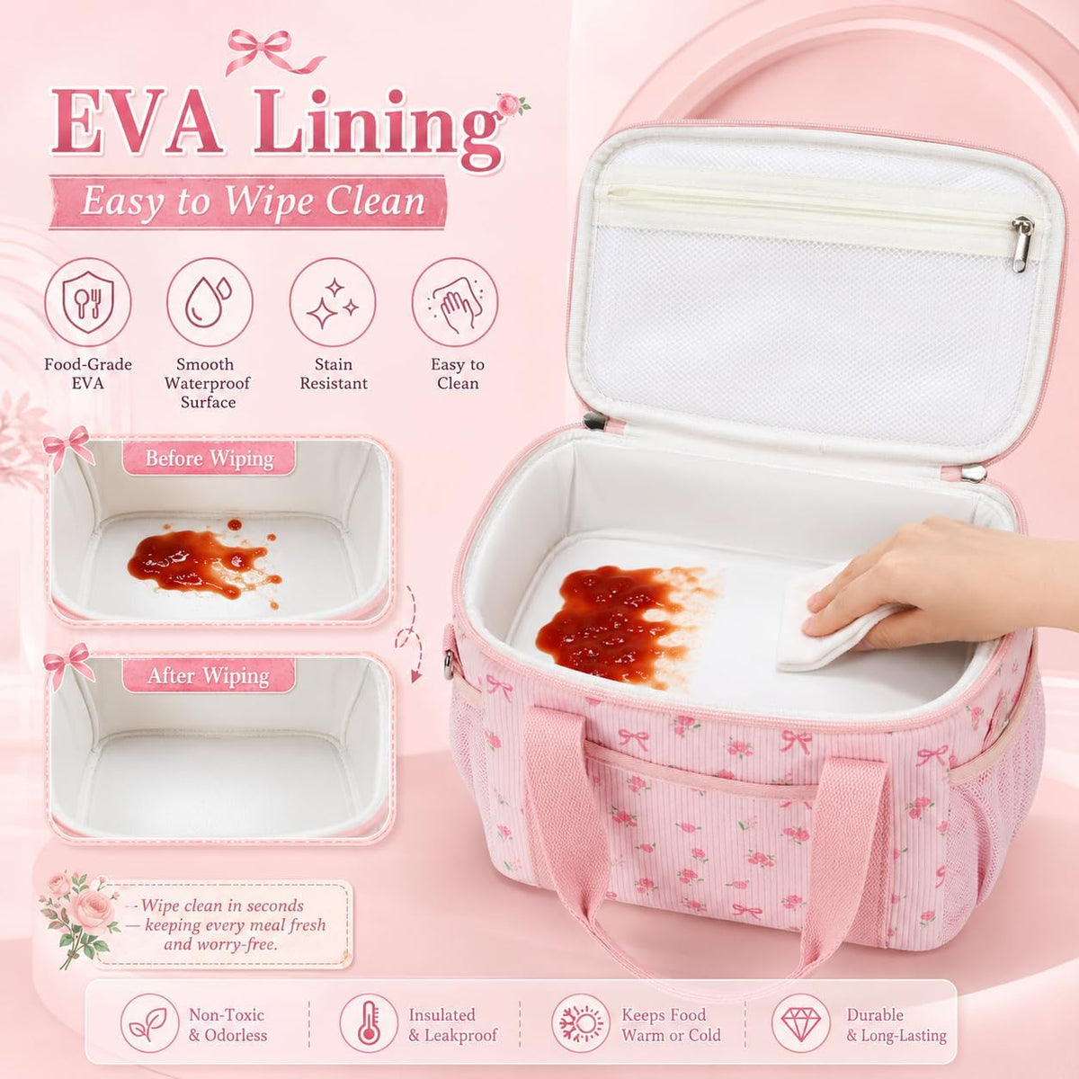 Insulated Lunch Box for Women, Cute Corduroy Lunch Bag with Shoulder Strap, Leakproof Wide-Open Lunch Tote for Work, Office, School, Picnic Bow-Floral Pink-1