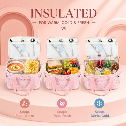 Insulated Lunch Box for Women, Cute Corduroy Lunch Bag with Shoulder Strap, Leakproof Wide-Open Lunch Tote for Work, Office, School, Picnic Bow-Floral Pink-1
