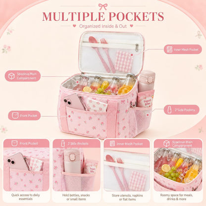 Insulated Lunch Box for Women, Cute Corduroy Lunch Bag with Shoulder Strap, Leakproof Wide-Open Lunch Tote for Work, Office, School, Picnic Bow-Floral Pink-1