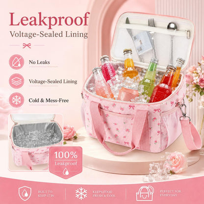 Insulated Lunch Box for Women, Cute Corduroy Lunch Bag with Shoulder Strap, Leakproof Wide-Open Lunch Tote for Work, Office, School, Picnic Bow-Floral Pink-1