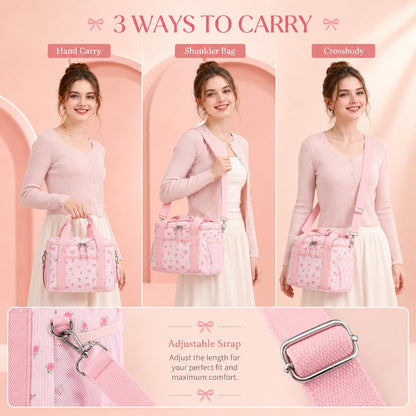 Insulated Lunch Box for Women, Cute Corduroy Lunch Bag with Shoulder Strap, Leakproof Wide-Open Lunch Tote for Work, Office, School, Picnic Bow-Floral Pink-1