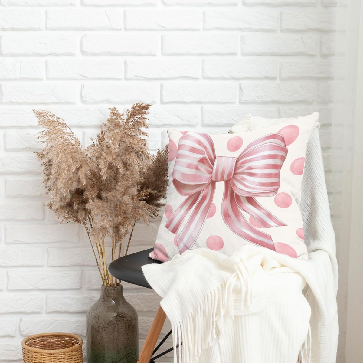 Preppy Pink Bow Pillow Cover, Coquette Cute Room Decor for Girls