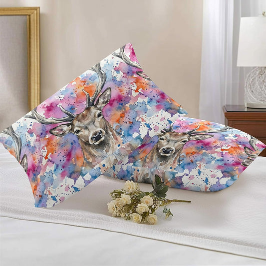 Elk Outdoor Pillow Covers Waterproof, All Weather Cushion Case Set of 2, Pink Purple Blue Watercolor Splashes Splatter Animal Lumbar Pillowcase for Sofa Couch Bed Decor Patio Furniture 20"x12"
