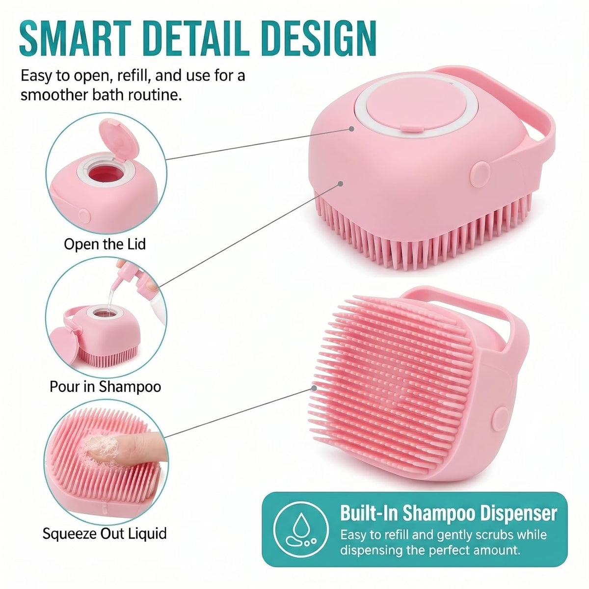 Soft Silicone Pet Bath Massage Brush for Dogs & Cats, Gentle Grooming Cleaning Tool for Puppy Kitten Washing, Pink