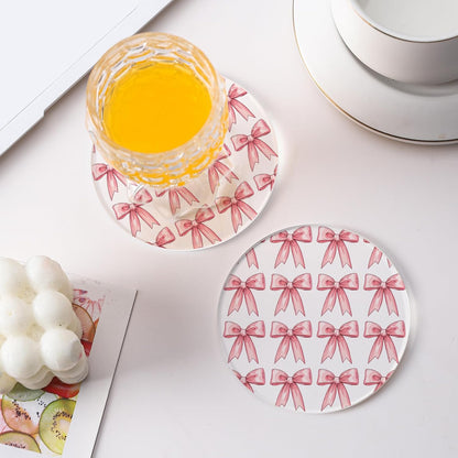 Drink Coasters with Pink Bow Pattern, Round 3.93 Inch, Set of 2,Pink Table Coasters for Home Decor (Pink B)