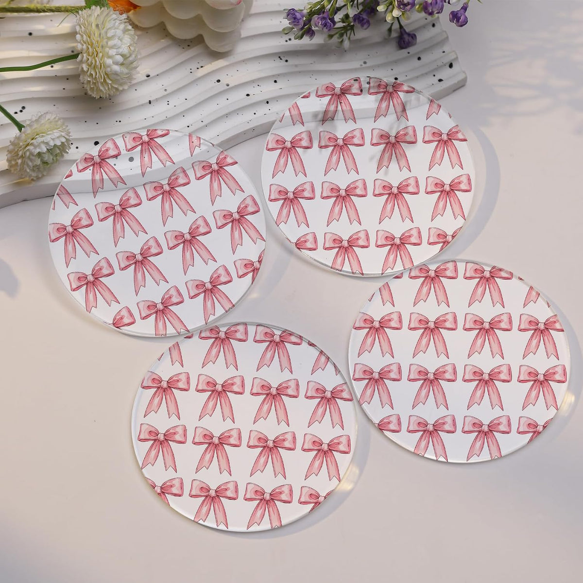 Drink Coasters with Pink Bow Pattern, Round 3.93 Inch, Set of 2,Pink Table Coasters for Home Decor (Pink B)