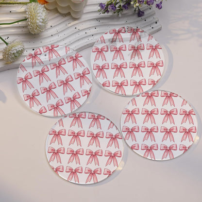 Drink Coasters with Pink Bow Pattern, Round 3.93 Inch, Set of 2,Pink Table Coasters for Home Decor (Pink B)