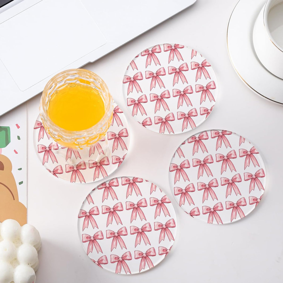 Drink Coasters with Pink Bow Pattern, Round 3.93 Inch, Set of 2,Pink Table Coasters for Home Decor (Pink B)