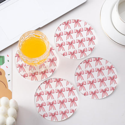 Drink Coasters with Pink Bow Pattern, Round 3.93 Inch, Set of 2,Pink Table Coasters for Home Decor (Pink B)