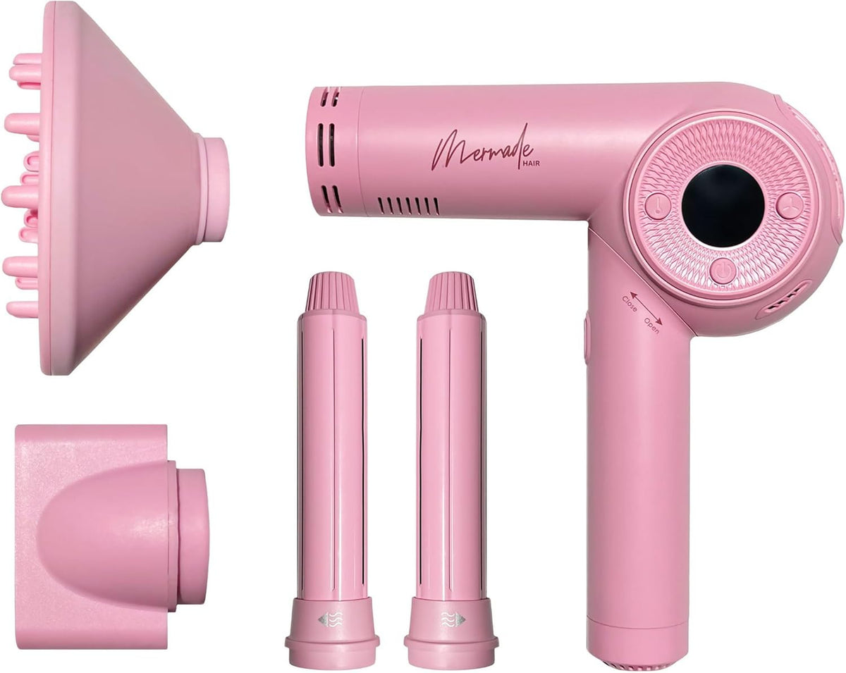 Mermade M Ionic Hair Dryer with Diffuser - Professional Blow Dryer for Curly Hair Styling, 4 Attachments to Curl, Dry, & Style, Salon Grade, Lightweight, Fast Drying, Adjustable Temperatures - Pink
