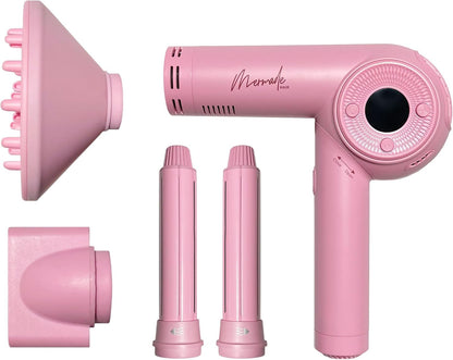 Mermade M Ionic Hair Dryer with Diffuser - Professional Blow Dryer for Curly Hair Styling, 4 Attachments to Curl, Dry, & Style, Salon Grade, Lightweight, Fast Drying, Adjustable Temperatures - Pink