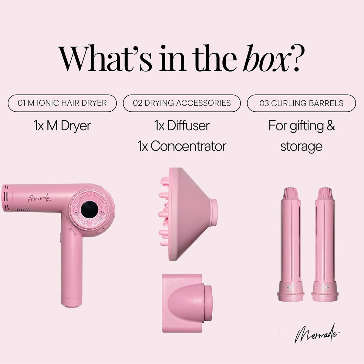 Mermade M Ionic Hair Dryer with Diffuser - Professional Blow Dryer for Curly Hair Styling, 4 Attachments to Curl, Dry, & Style, Salon Grade, Lightweight, Fast Drying, Adjustable Temperatures - Pink