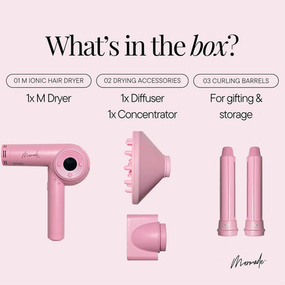 Mermade M Ionic Hair Dryer with Diffuser - Professional Blow Dryer for Curly Hair Styling, 4 Attachments to Curl, Dry, & Style, Salon Grade, Lightweight, Fast Drying, Adjustable Temperatures - Pink