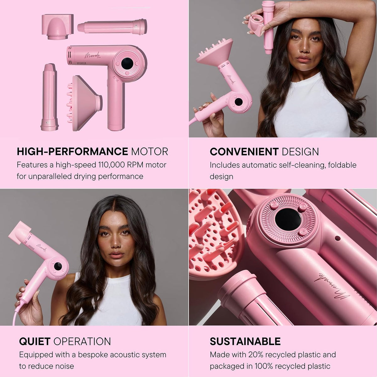 Mermade M Ionic Hair Dryer with Diffuser - Professional Blow Dryer for Curly Hair Styling, 4 Attachments to Curl, Dry, & Style, Salon Grade, Lightweight, Fast Drying, Adjustable Temperatures - Pink