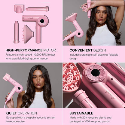 Mermade M Ionic Hair Dryer with Diffuser - Professional Blow Dryer for Curly Hair Styling, 4 Attachments to Curl, Dry, & Style, Salon Grade, Lightweight, Fast Drying, Adjustable Temperatures - Pink