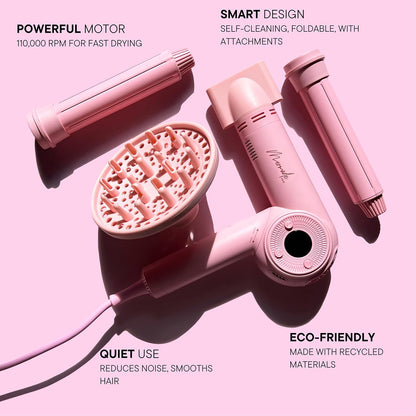 Mermade M Ionic Hair Dryer with Diffuser - Professional Blow Dryer for Curly Hair Styling, 4 Attachments to Curl, Dry, & Style, Salon Grade, Lightweight, Fast Drying, Adjustable Temperatures - Pink