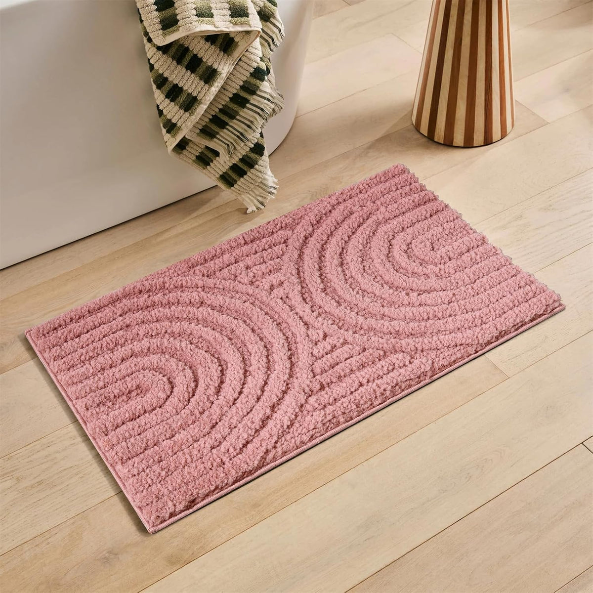Pink Cute Bath Mat Non-Slip 20’’W x 32’’L Luxurious Modern Minimalist Rainbow Boho Tufted Kids Girls Bathroom Rugs Rubber Backed, Bohemian Geometric Bath Rug Microfiber Absorbent Floor Mat