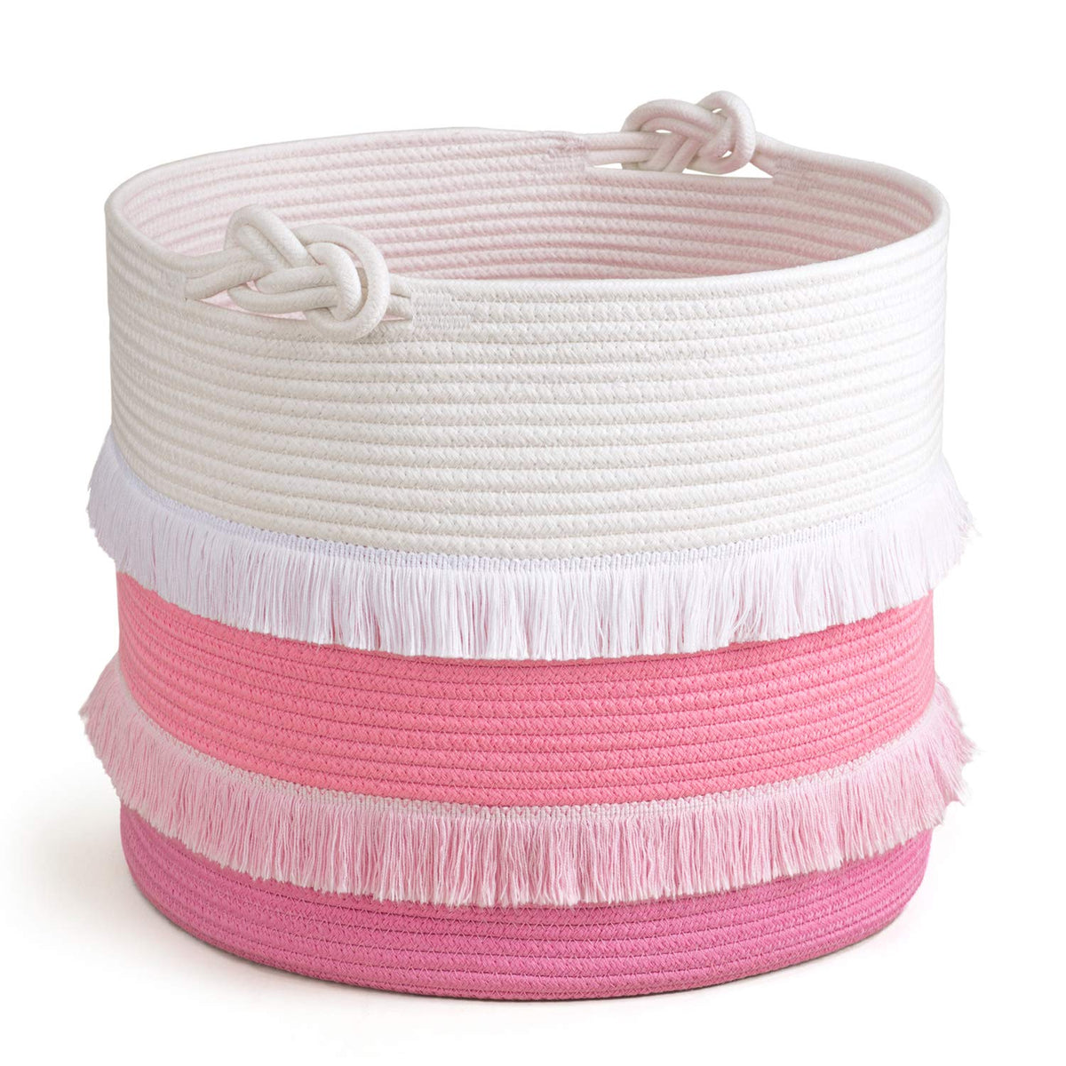 45L Woven Rope Baby Basket with Tassel, 16" x 13", Pink