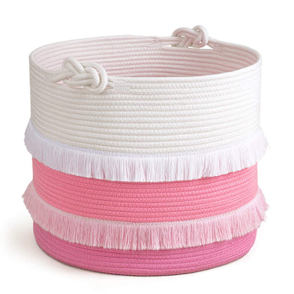 45L Woven Rope Baby Basket with Tassel, 16" x 13", Pink