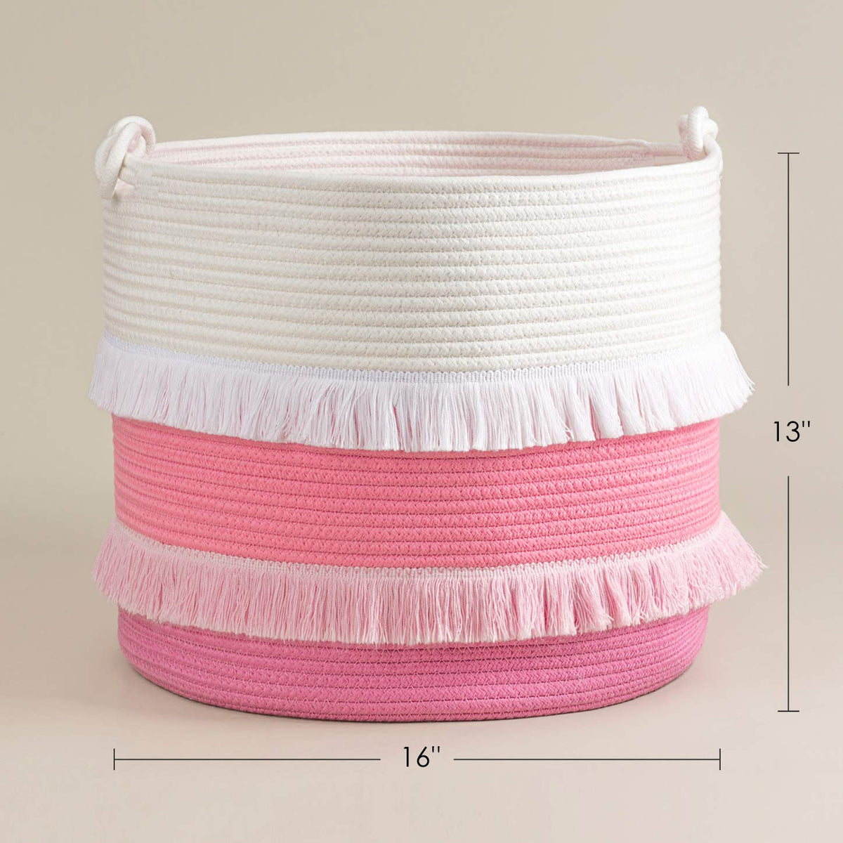 45L Woven Rope Baby Basket with Tassel, 16" x 13", Pink