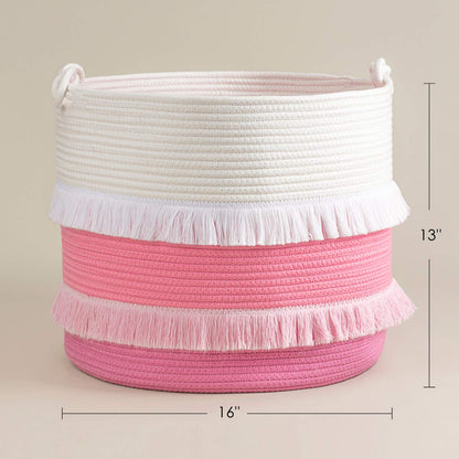 45L Woven Rope Baby Basket with Tassel, 16" x 13", Pink