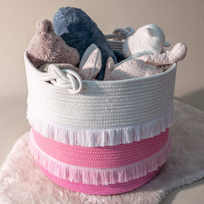 45L Woven Rope Baby Basket with Tassel, 16" x 13", Pink