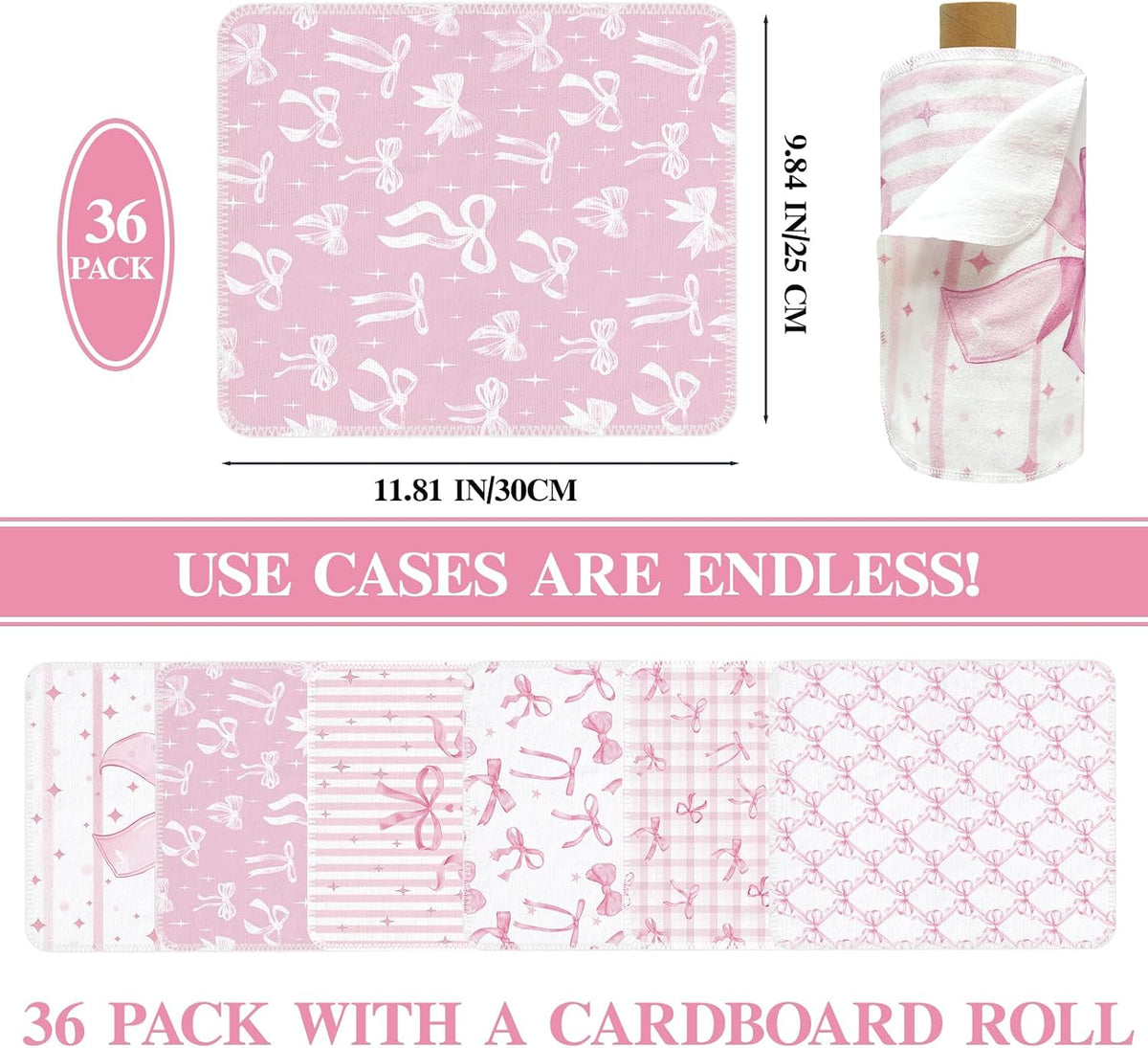 36 Pack Reusable Paper Towels Pink Bow Kitchen Rolls Towels