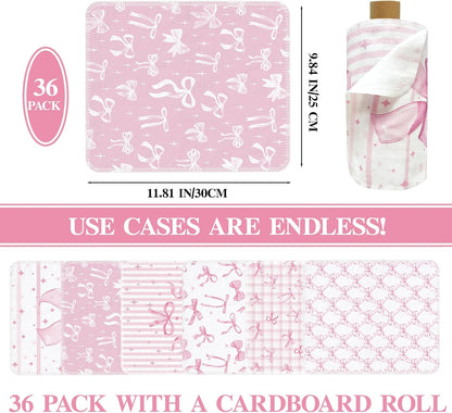 36 Pack Reusable Paper Towels Pink Bow Kitchen Rolls Towels