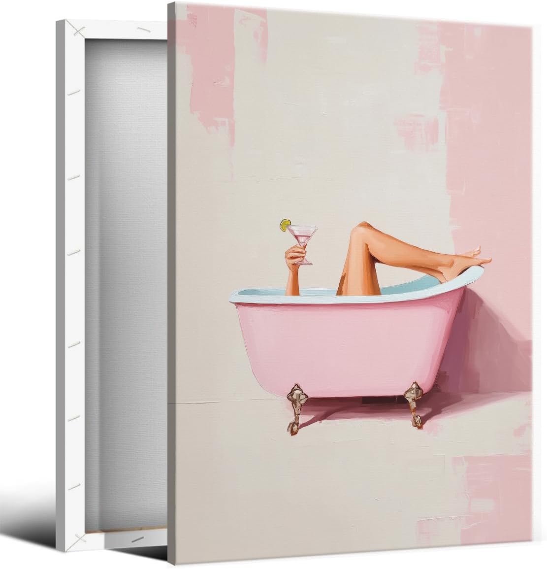 Pink Bathroom Canvas Wall Art, Cheeky Girl In Bathtub with Martini Aesthetic Poster, Preppy Dopamine Cocktail Bar Cart Wall Decor, Trendy Pastel Girly Restroom Print Painting 12x16in Wrapped Canvas