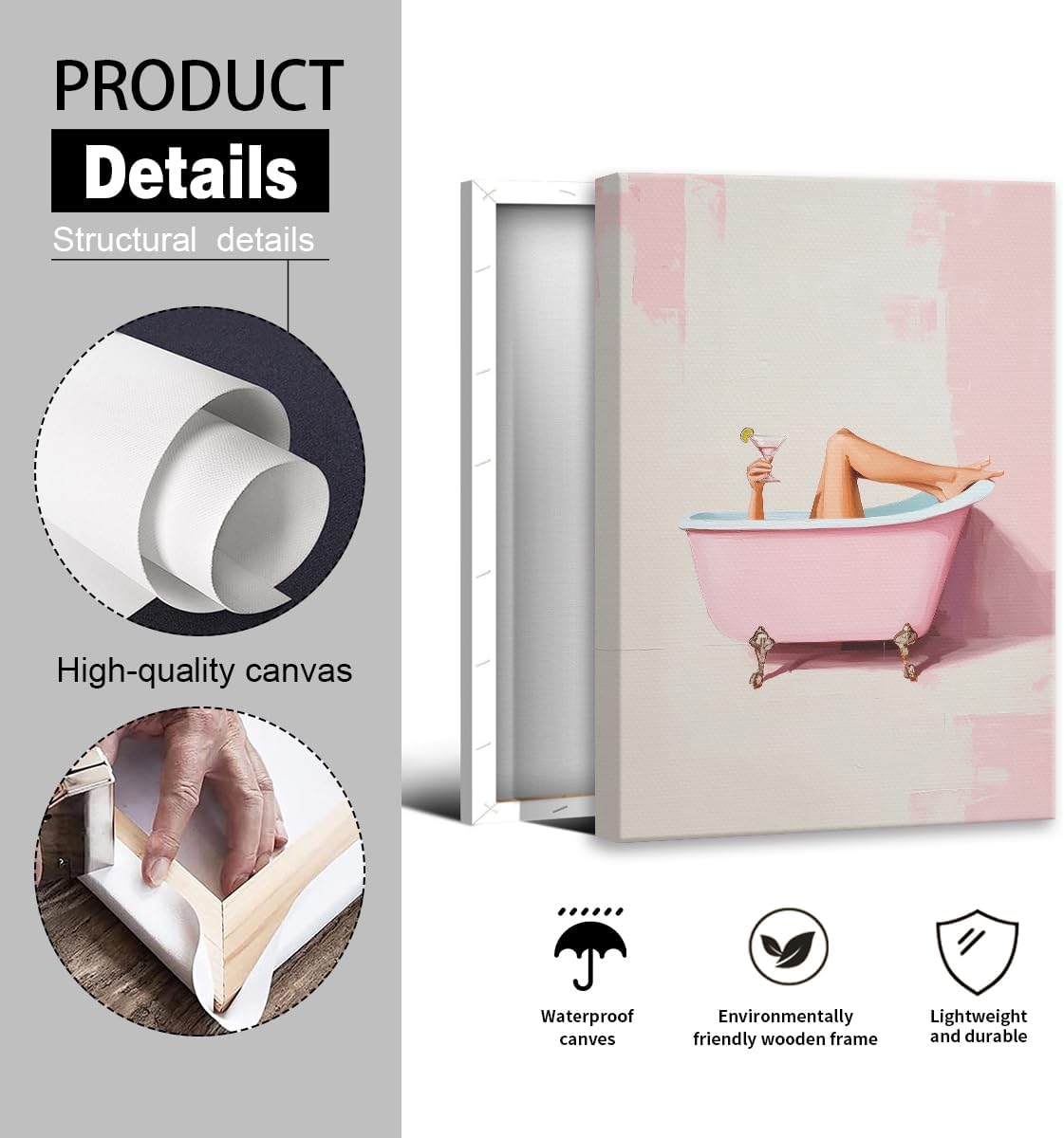 Pink Bathroom Canvas Wall Art, Cheeky Girl In Bathtub with Martini Aesthetic Poster, Preppy Dopamine Cocktail Bar Cart Wall Decor, Trendy Pastel Girly Restroom Print Painting 12x16in Wrapped Canvas