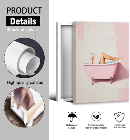 Pink Bathroom Canvas Wall Art, Cheeky Girl In Bathtub with Martini Aesthetic Poster, Preppy Dopamine Cocktail Bar Cart Wall Decor, Trendy Pastel Girly Restroom Print Painting 12x16in Wrapped Canvas